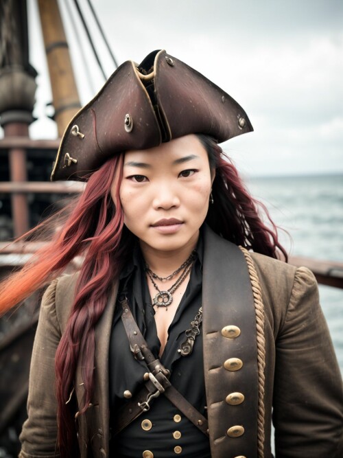 00974 RealisticVision13 3779649611 RAW photo, (Shu Qi) in a (worn 1.2) ( pirate outfit), on an old d