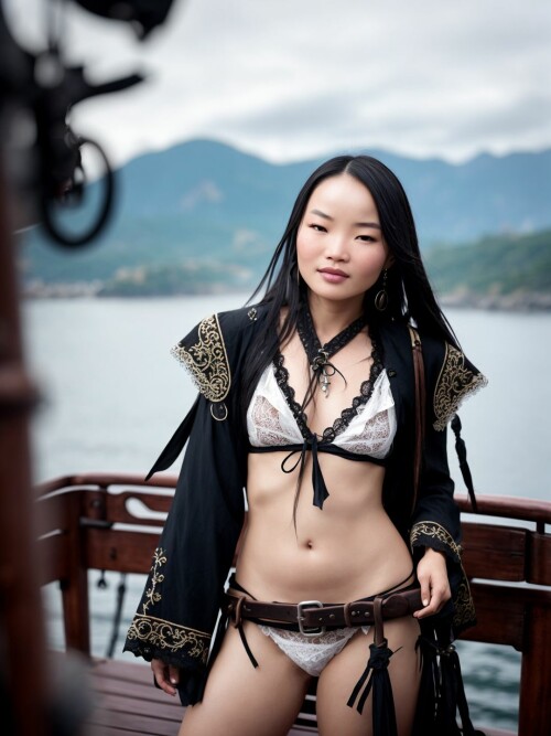 00790 RealisticVision13 4043814205 RAW photo, (Shu Qi) in a (pirate outfit), on a pirate ship, breat