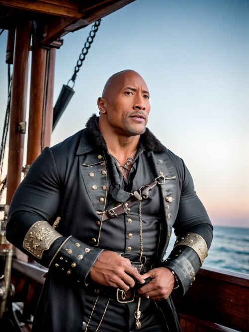 00718 RealisticVision13 4043814133 RAW photo, (Dwayne Johnson) in a (pirate outfit), on a pirate shi