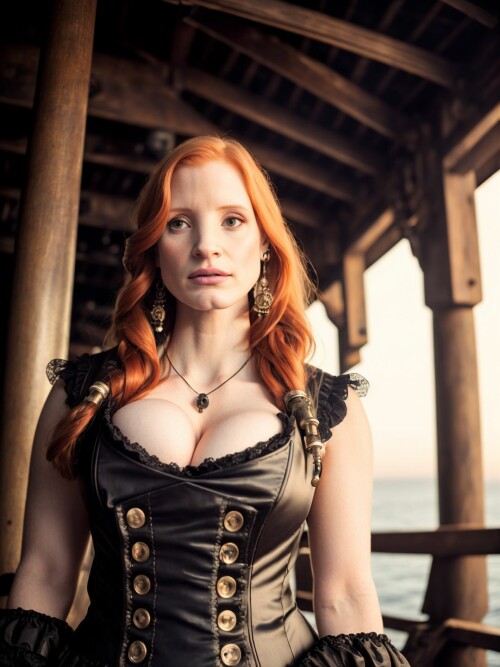 00584 RealisticVision13 2249252790 RAW photo, (Jessica Chastain) in a (pirate outfit), on a pirate s