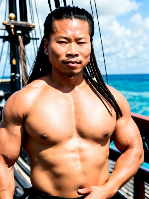 00849 RealisticVision13 3493316291 RAW photo, (Bolo Yeung) in a (pirate outfit), on a (pirate ship) 