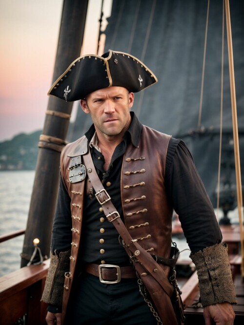 00393 RealisticVision13 1021450284 RAW photo, (Jason Statham) in a (pirate outfit), on a pirate ship