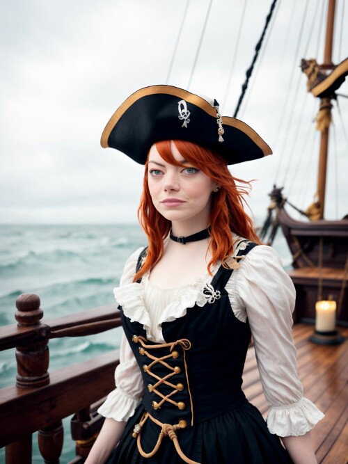 00889 RealisticVision13 2219804063 RAW photo, (Emma Stone) in a (pirate outfit), on a (pirate ship) 