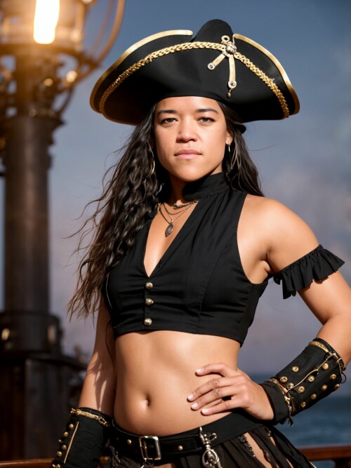 00705 RealisticVision13 597154022 RAW photo, (Michelle Rodriguez) in a (pirate outfit), on a pirate 