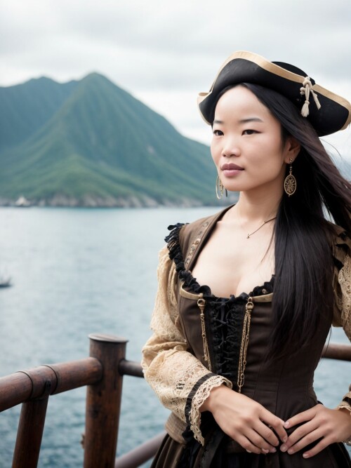 00944 RealisticVision13 3779649581 RAW photo, (Shu Qi) in a (worn 1.2) ( pirate outfit), on an old d