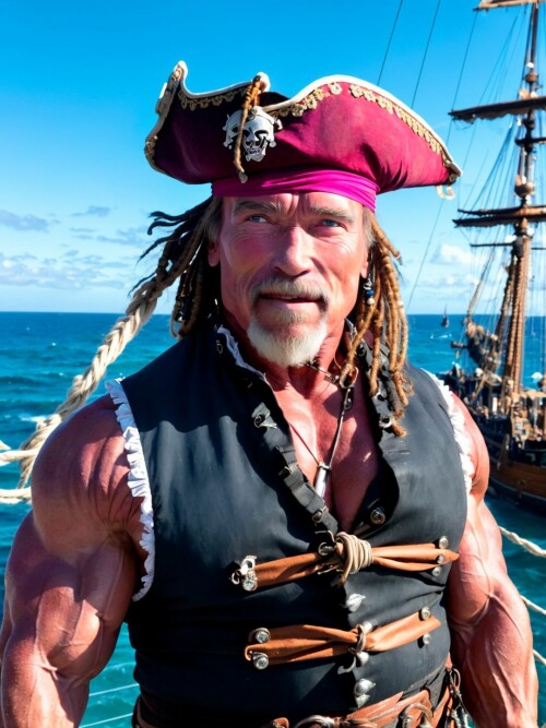 00899 RealisticVision13 1339515505 RAW photo, (Arnold Schwarzenegger) in a (pirate outfit), on an ol